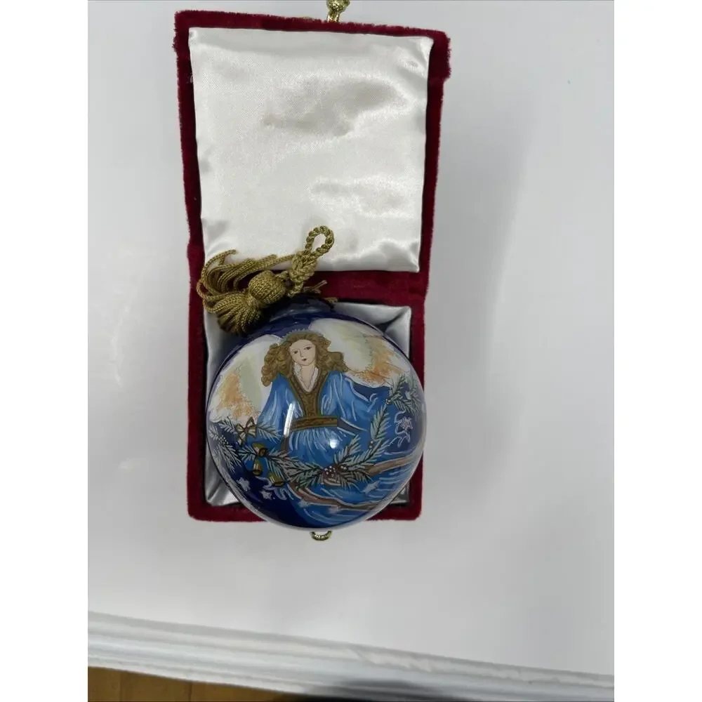 Li Bien Reversed Hand Painted Christmas Ornament Blue Angel Stars Tassel